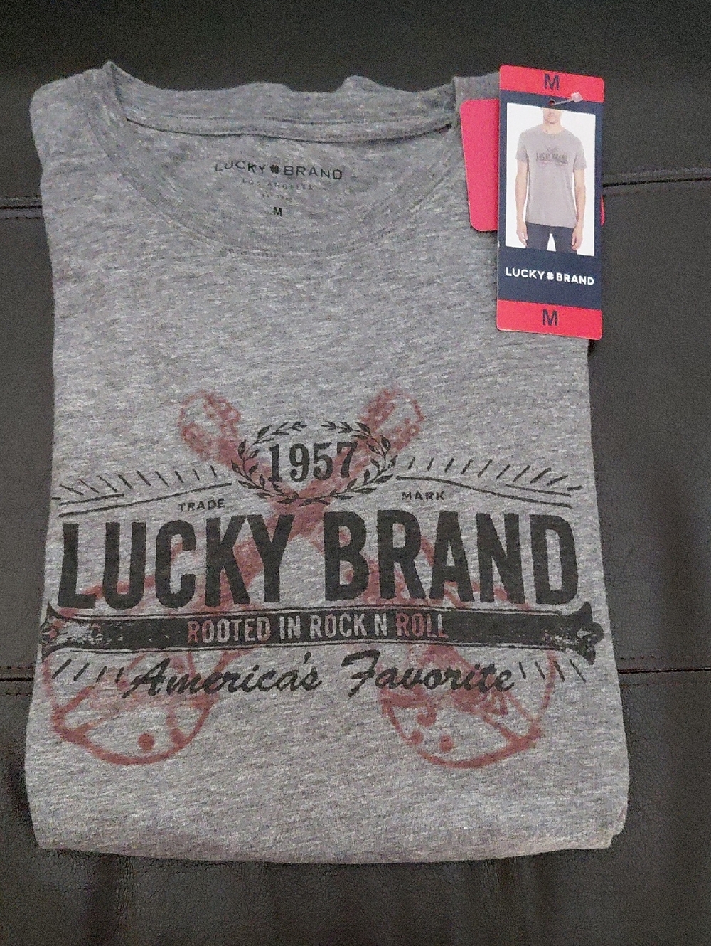 Lucky Brand Gray Graphic Short Sleeve Tee with Black and Red Print